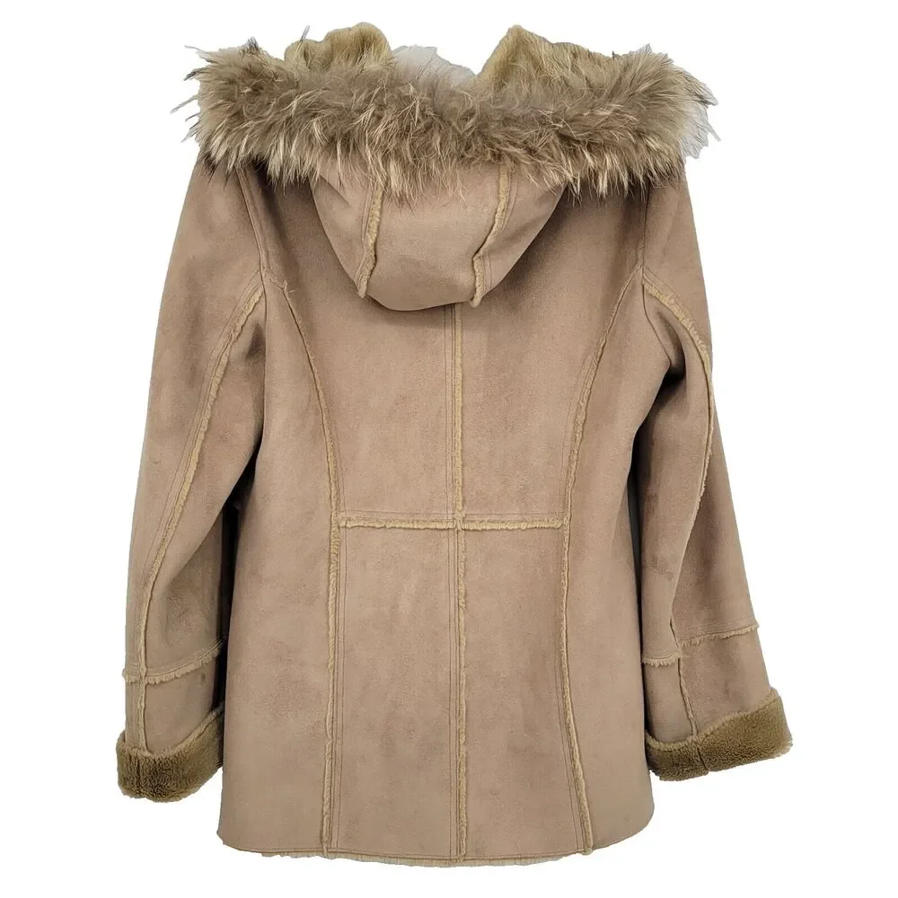 Calvin Klein Womens Faux Suede Coat Jacket Size Medium Tan Hood Raccoon Fur Trim - Picture 4 of 8
